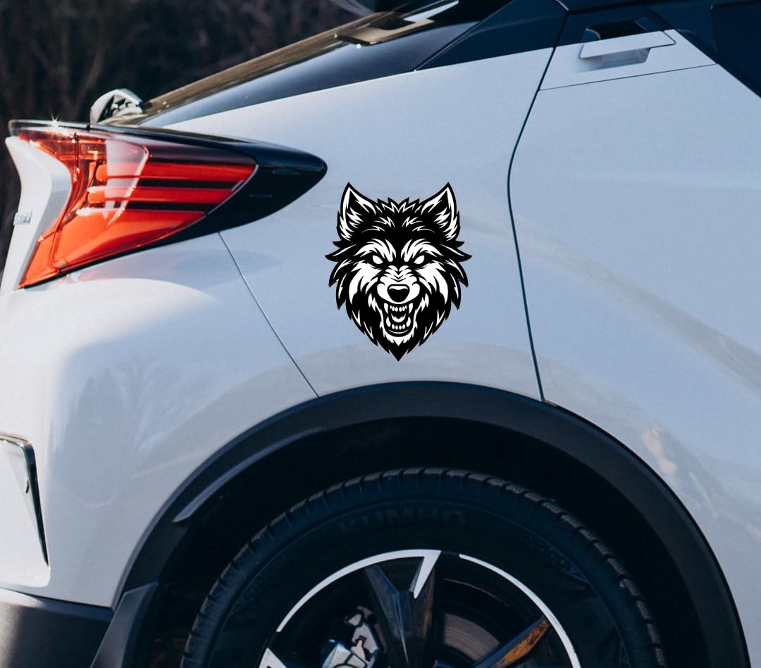 Smeeps Wolf Head Sticker – 14 x 17 cm | Bold Black & White Tribal Design | Fierce Animal Graphic for Cars