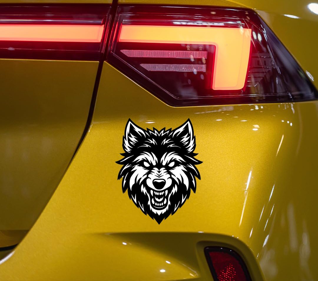 Smeeps Wolf Head Sticker – 14 x 17 cm | Bold Black & White Tribal Design | Fierce Animal Graphic for Cars