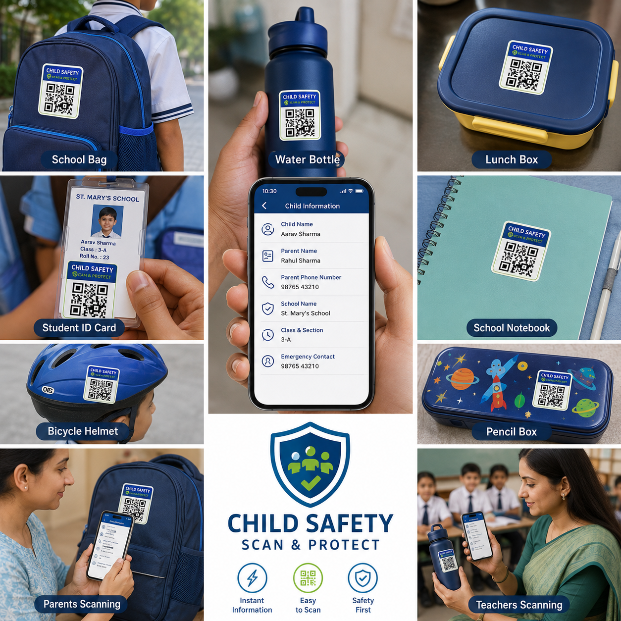 Customized Child Safety QR Code Sticker for School Bag & Water Bottle | Scan QR to View Child Details | Waterproof Vinyl Sticker | Pack of 4