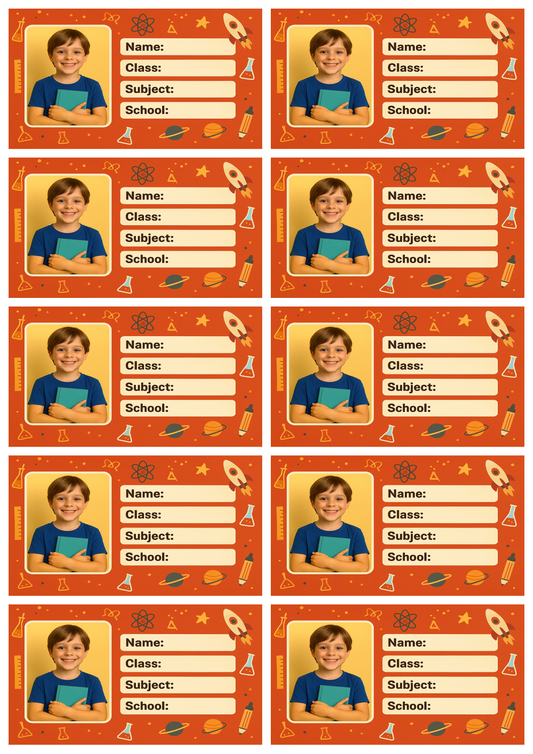 Smeeps Personalized School Book Label – Custom Photo Name Sticker for Kids | 3.5 x 2 Inch Orange Theme Labels | Pack of 10
