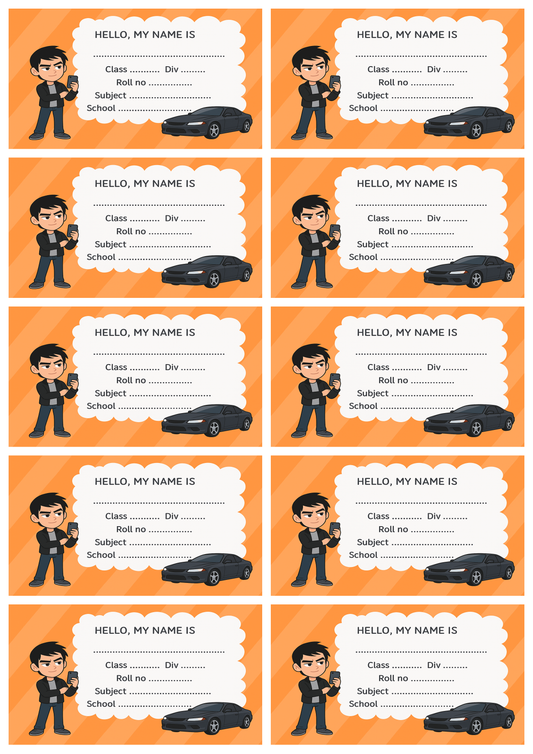 Smeeps Premium School Name Label Stickers – 3.5 x 2 Inches Personalized Tag for Books & Notebooks | Boy with Car Theme | Waterproof Writable Labels (Pack of 10)