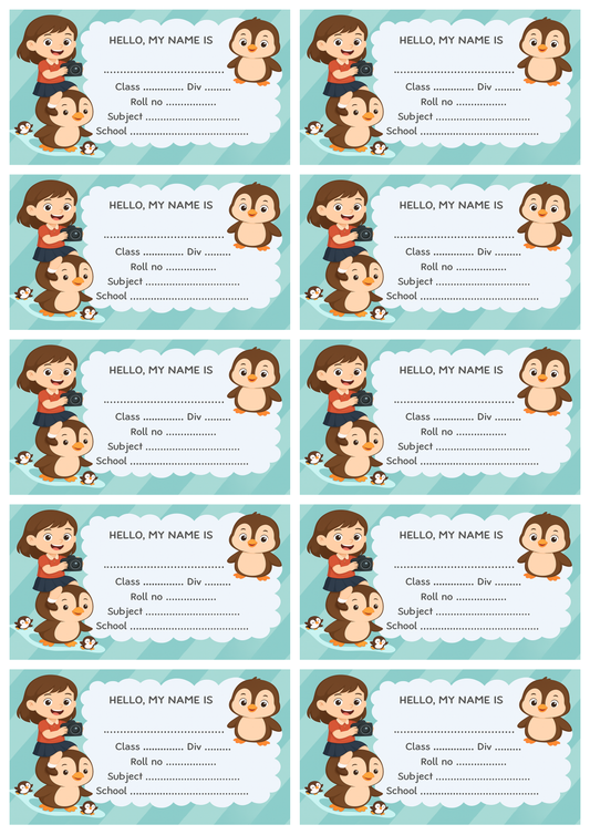 Smeeps Kids Penguin Name Label Stickers – 3.5 x 2 Inches Notebook Labels | Pack of 10 | Cute Girl & Penguin Design | School Name Tags for Books