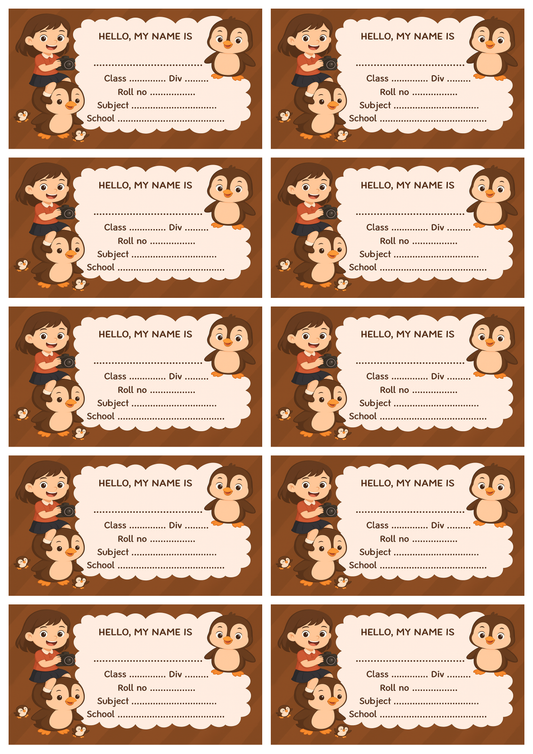 Smeeps Brown Penguin School Label – 3.5 x 2 Inch Name Sticker for Books & Notebooks | Cute Kids ID Label | Writable School Tag | Pack of 10