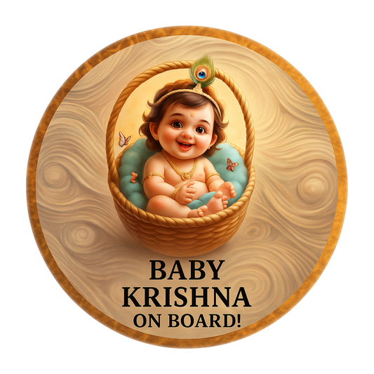 Pack of 2 | Smeeps Baby Krishna On Board Sticker – 15.24 cm Round | Basket-Themed Divine Krishna Design | Waterproof & UV-Proof Car Safety Sign