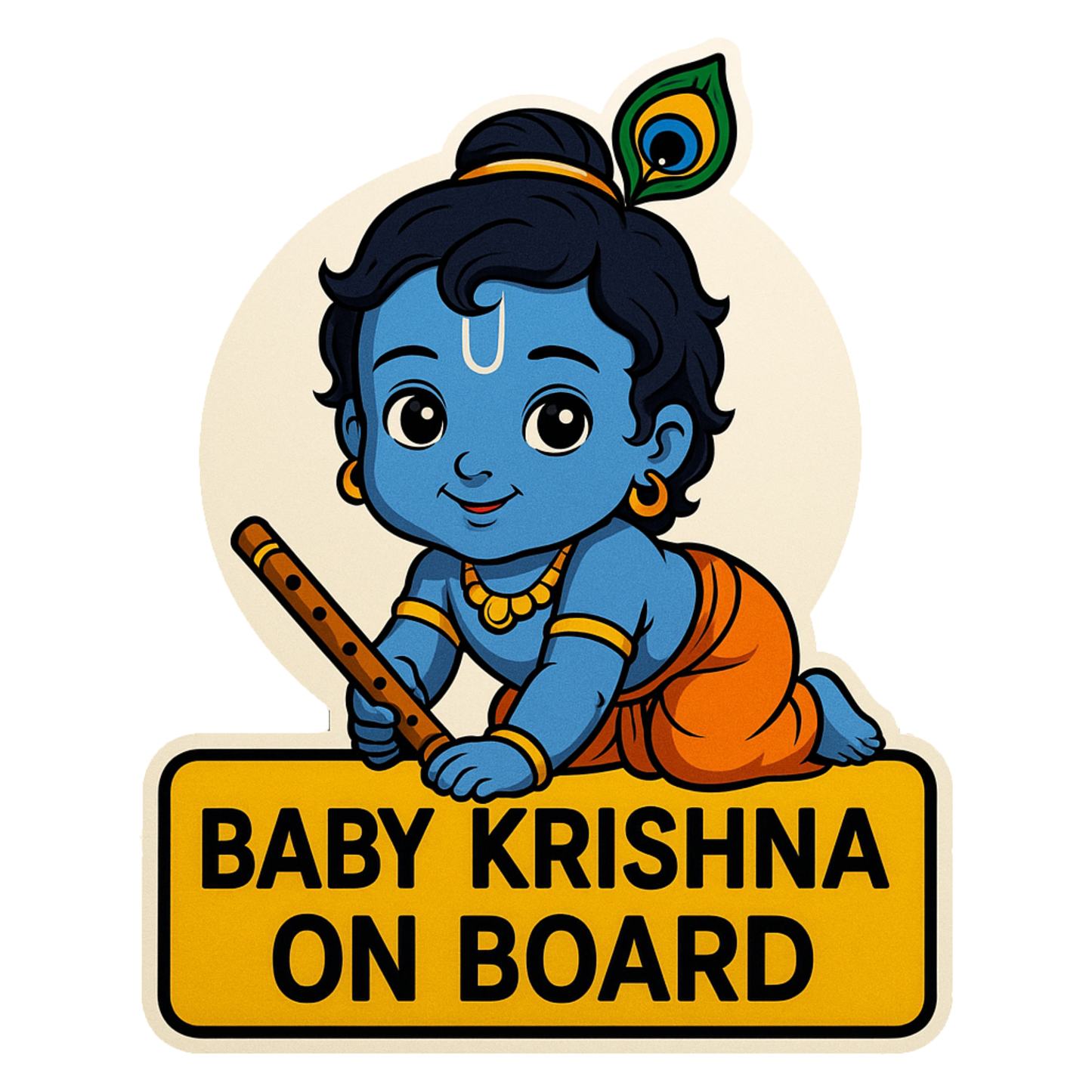 Smeeps Baby Krishna On Board Sticker – 10 x 12 cm | Cute Cartoon Design with Flute & Peacock Feather | Waterproof Vinyl Safety Sign for Cars