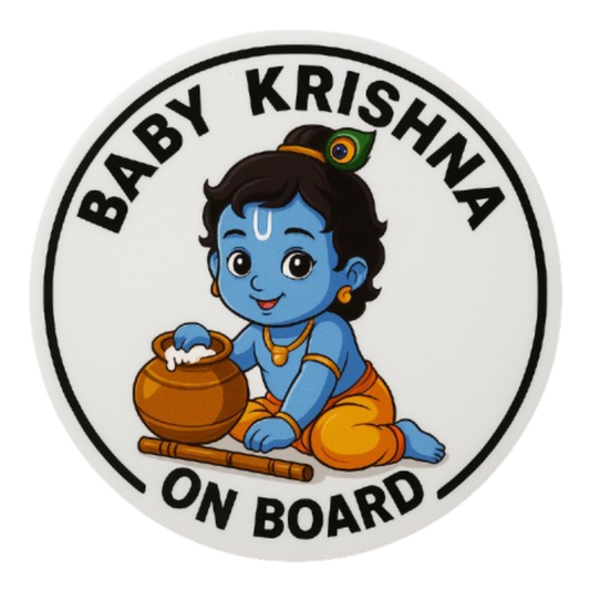 Baby Krishna On Board Sticker – 13.97 x 13.97 cm | Cute Devotional Design for Cars | Waterproof & Durable