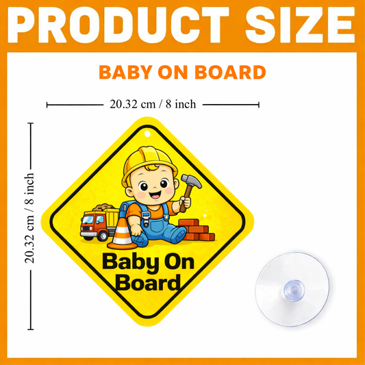 Smeeps Baby On Board Hanging Sign – 20.32 × 20.32 cm (8 × 8 Inch) Cute Construction Worker Baby Waterproof Car Hanging Board with Suction Cup | Builder Theme Baby Safety Vehicle Warning Sign