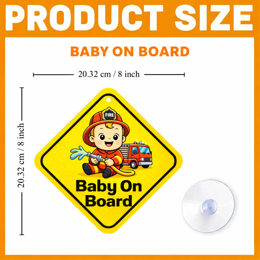Smeeps Baby Firefighter On Board Hanging Sign – 20.32 × 20.32 cm (8 × 8 Inch) Cute Fire Rescue Baby Waterproof Car Hanging Board with Suction Cup | Baby Safety Vehicle Warning Sign