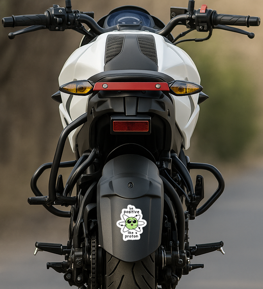 Smeeps “Be Positive Like a Proton” Sticker – 8.39 x 10.16 cm Cute Science Quote Vinyl Decal | Chemistry-Themed Motivational Sticker | Waterproof & UV-Resistant Car & Bike Decal