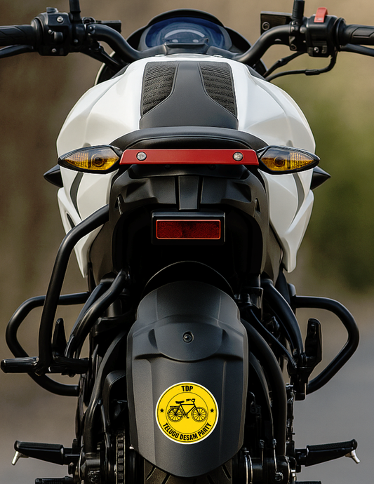 Smeeps TDP Telugu Desam Party Bicycle Symbol Vinyl Sticker – 10.16 × 10.16 cm (4 × 4 Inch) Round Political Car Bike Sticker | Waterproof UV Resistant Wash Proof | Pack of 1
