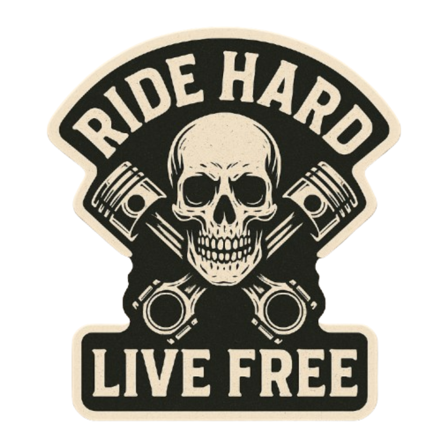 Smeeps Ride Hard Live Free Sticker – 10.16 x 10.16 cm | Skull & Pistons Vinyl Bike Decal (Rugged Beige & Black Theme)