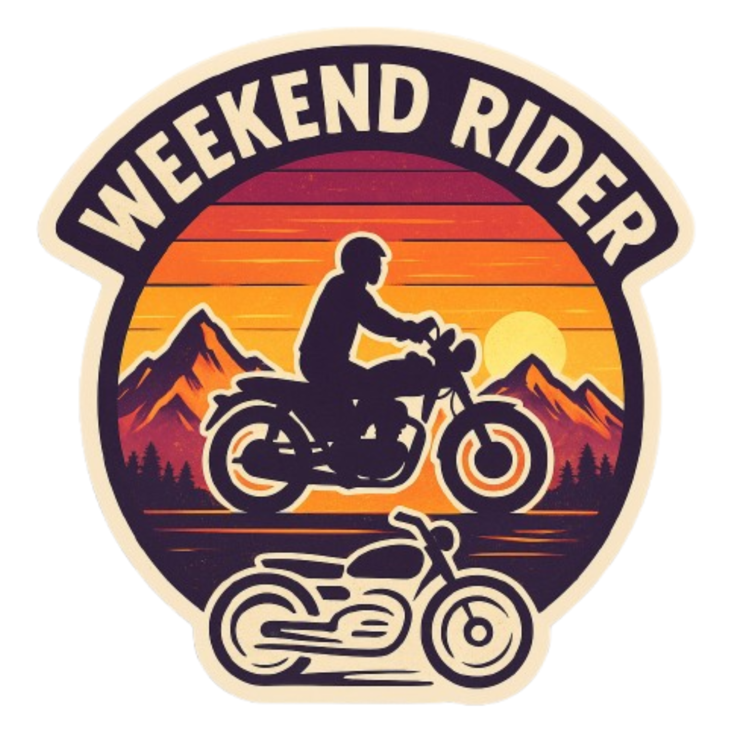 Smeeps Weekend Rider Mountain Sticker – 10.16 x 10.16 cm | Adventure Vinyl Bike Decal (Sunset & Silhouette Design)