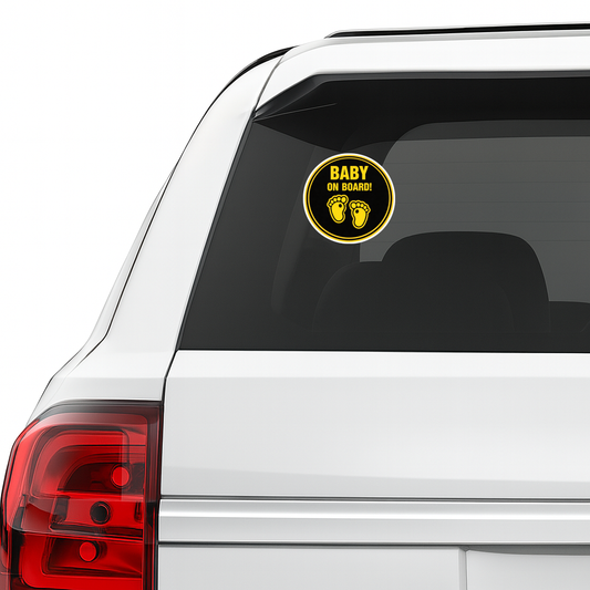 Smeeps Baby On Board Car Sticker – 14 × 14 cm (5.5 × 5.5 Inch) High Visibility Black & Yellow Safety Vinyl Decal for Car | Waterproof UV Resistant Round Sticker