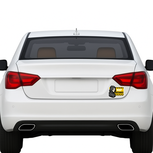 Smeeps Keep Distance Sticker – 10.41 x 12.7 cm Car & Bike Vinyl Decal | Hooded Character Safety Warning Design | Waterproof & Durable