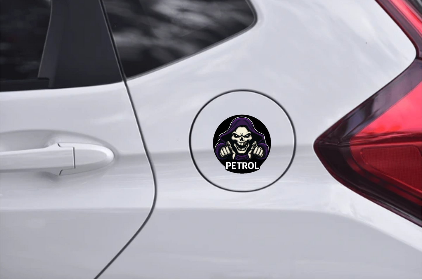 Smeeps Petrol Skull Sticker – 7.8 x 7.8 cm Round Car Decal with Grim Reaper Design | Bold Black & Purple Look | For Automotive Use Only