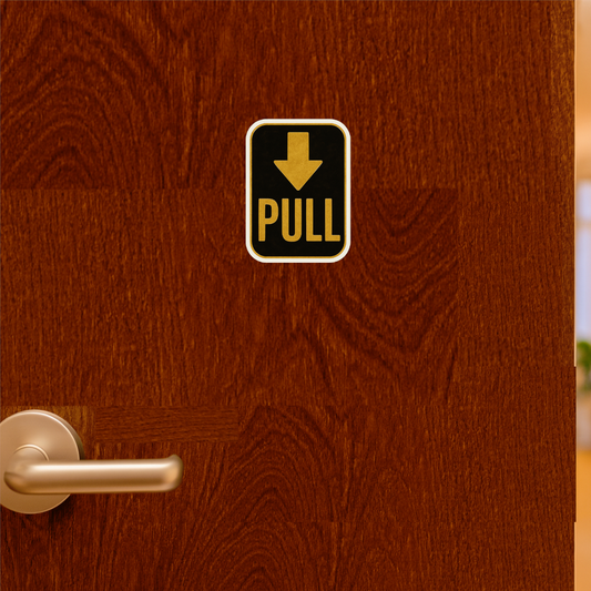 Smeeps Pull Door Sign Sticker – 15.24 x 10.93 cm Waterproof Vinyl Decal | Vintage Gold & Black Design | Arrow Direction Indicator for Shops & Offices