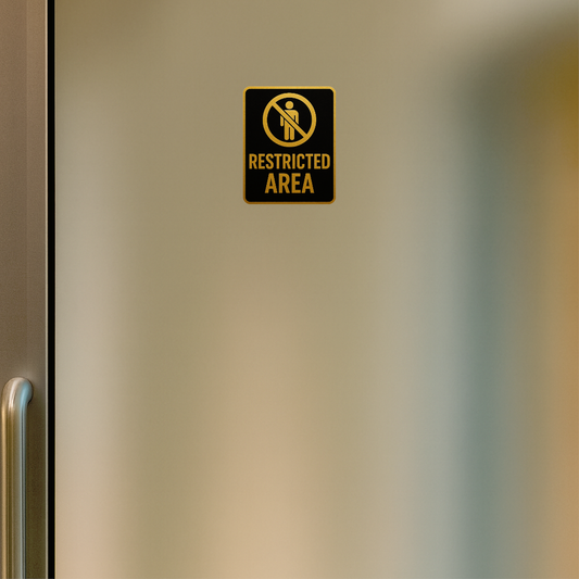 Smeeps Restricted Area Sticker – 11.94 x 15.24 cm Gold & Black Warning Sign | Waterproof, Durable & High-Visibility Vinyl