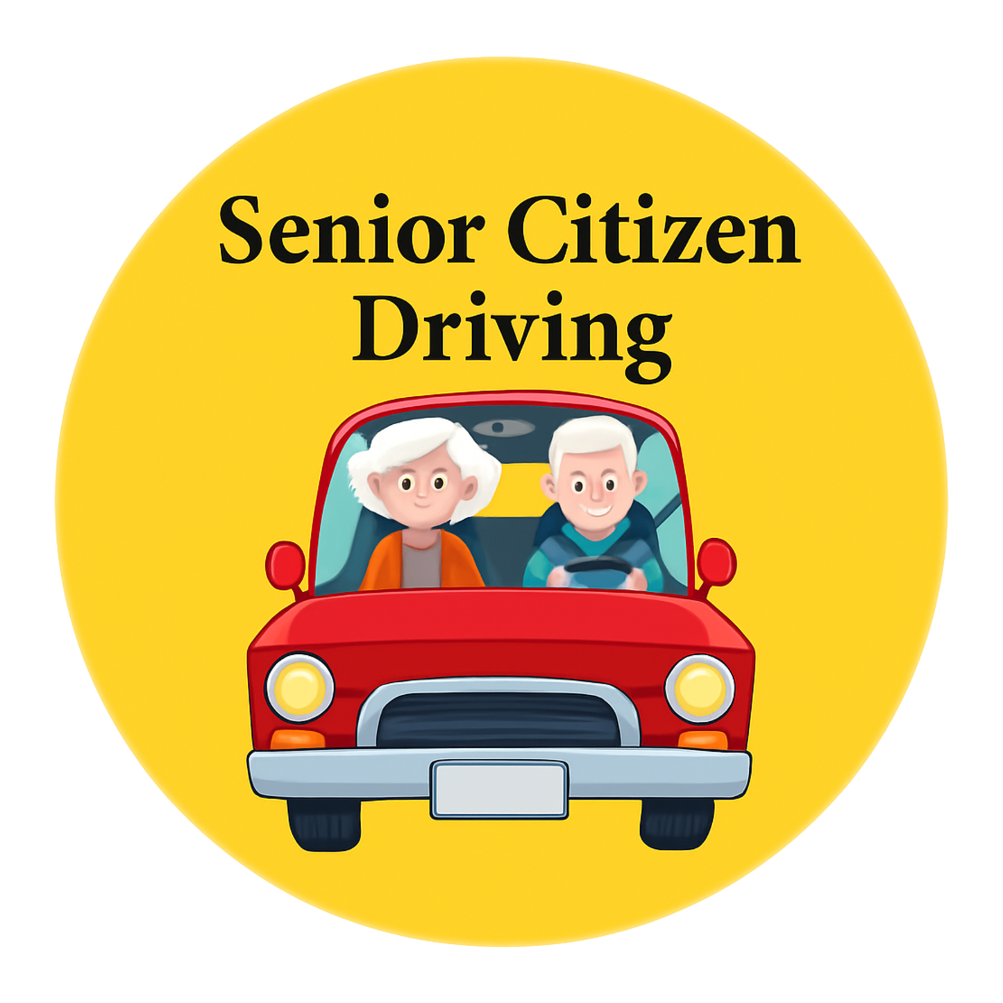 Smeeps Senior Citizen Driving Sticker – 15.24 cm Round | Friendly Elderly Couple Design | Yellow & Red High-Visibility Car Sign