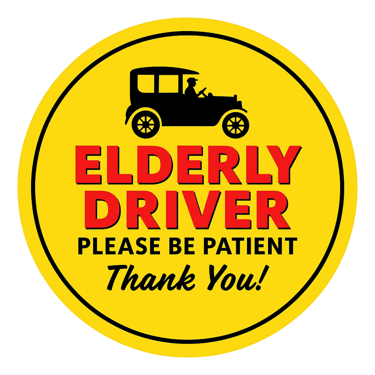 Smeeps Elderly Driver Please Be Patient Sticker – 15.24 cm Round | Bold Vintage Car Design | Yellow, Red & Black Safety Sign