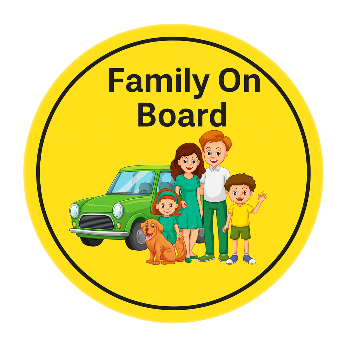 Smeeps Family On Board Sticker – 15.24 cm Round | Cartoon Family & Dog with Green Car | Bright Yellow Safety Sign for Vehicles