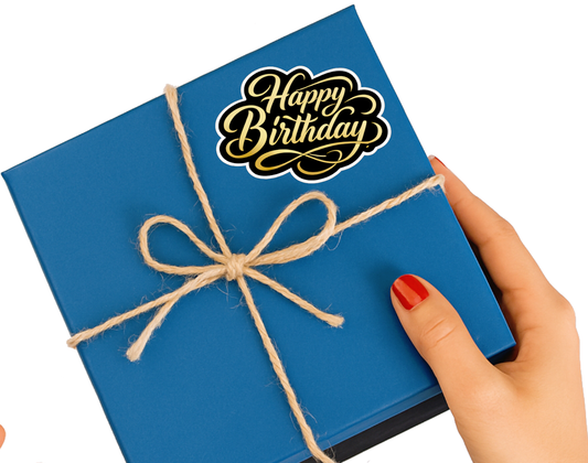 Smeeps Happy Birthday Sticker – 10.16 × 6.10 cm (4 × 2.6 Inch) Premium Black & Gold Waterproof Vinyl Die-Cut Sticker for Gift Box, Return Gifts, Laptop, Bottle & Birthday Decoration | Pack of 1