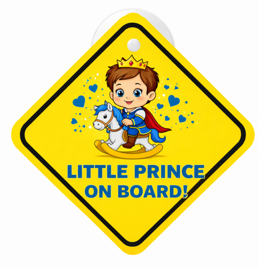 Smeeps Little Prince On Board Hanging Sign – 20.58 × 20.32 cm (8.1 × 8 Inch) Waterproof Baby Safety Car Hanging Board with Suction Cup | Cute Prince Cartoon Design