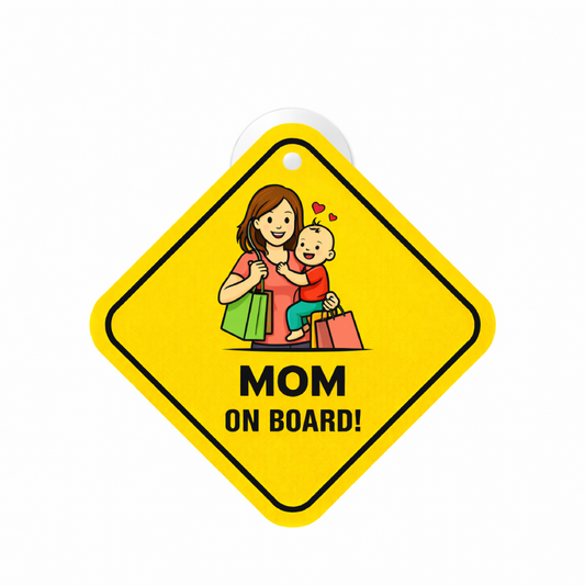 Smeeps Mom On Board Hanging Sign – 20.32 × 20.32 cm (8 × 8 Inch) Shopping Mom with Baby Waterproof Car Hanging Board with Suction Cup | Cute Family Safety Vehicle Sign Pack of 1