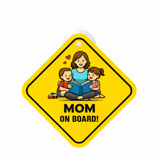Smeeps Mom On Board Hanging Sign – 20.32 × 20.32 cm (8 × 8 Inch) Mom Reading with Kids Waterproof Car Hanging Board with Suction Cup | Cute Family Safety Vehicle Sign Pack of 1