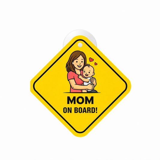 Smeeps Mom On Board Hanging Sign – 20.32 × 20.32 cm (8 × 8 Inch) Mother Carrying Baby Waterproof Car Hanging Board with Suction Cup | Cute Family Safety Vehicle Sign Pack of 1