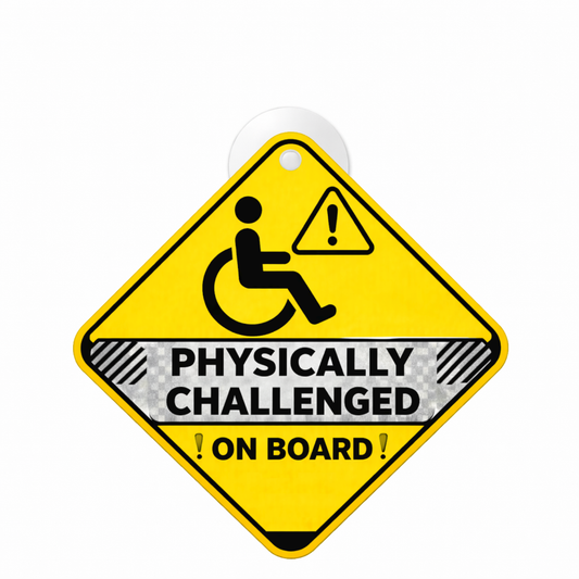 Smeeps Physically Challenged On Board Hanging Sign – 20.58 × 20.32 cm (8.1 × 8 Inch) Waterproof Car Safety Hanging Board with Suction Cup | Disability Awareness Vehicle Sign