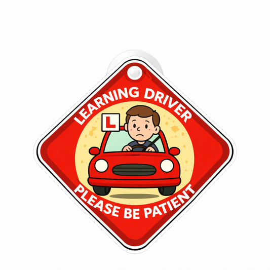 Smeeps Learning Driver Please Be Patient Hanging Board – 20.32 × 20.83 cm (8 × 8.2 Inch) Waterproof Car Hanging Sign with Suction Cup | Learner Driver Safety Board for Cars