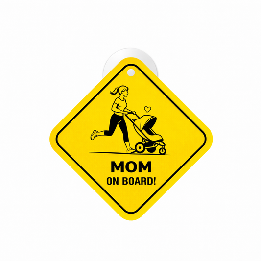 Smeeps Mom On Board Hanging Sign – 20.32 × 20.32 cm (8 × 8 Inch) Waterproof Baby Safety Car Hanging Board with Suction Cup | Mom with Baby Stroller Design