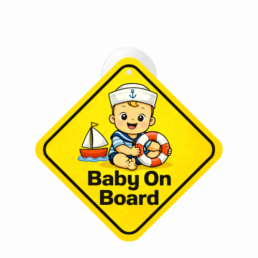 Smeeps Baby On Board Hanging Sign – 20.32 × 20.32 cm (8 × 8 Inch) Cute Sailor Baby Waterproof Car Hanging Board with Suction Cup | Baby Safety Vehicle Warning Sign