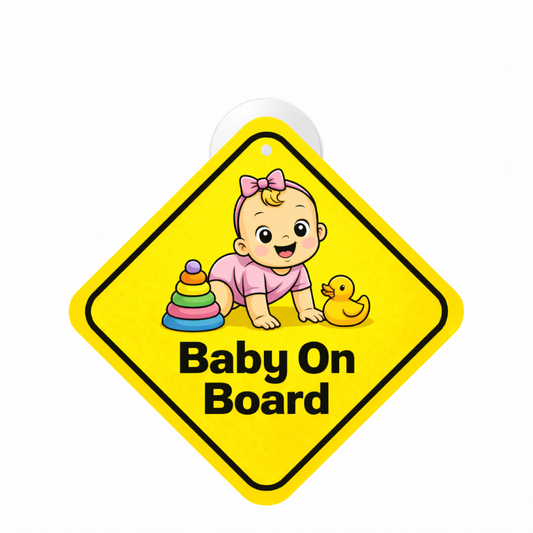 Smeeps Baby On Board Hanging Sign – 20.32 × 20.32 cm (8 × 8 Inch) Cute Baby Girl Waterproof Car Hanging Board with Suction Cup | Safety Warning Sign for Cars & SUVs