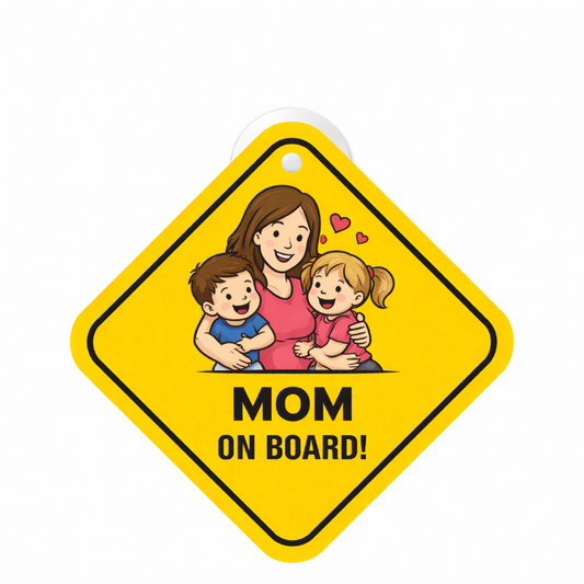 Smeeps Mom On Board Hanging Sign – 20.32 × 20.32 cm (8 × 8 Inch) Cute Mom with Kids Waterproof Car Hanging Board with Suction Cup | Family Safety Vehicle Sign Pack of 1