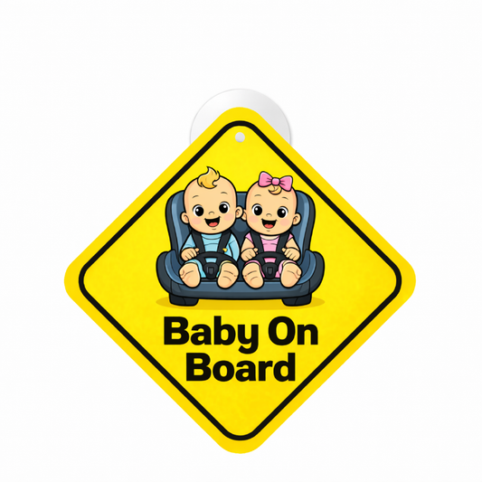 Smeeps Baby On Board Hanging Sign – 20.32 × 20.32 cm (8 × 8 Inch) Cute Twin Babies in Car Seat Waterproof Vehicle Hanging Board with Suction Cup | Baby Safety Car Warning Sign