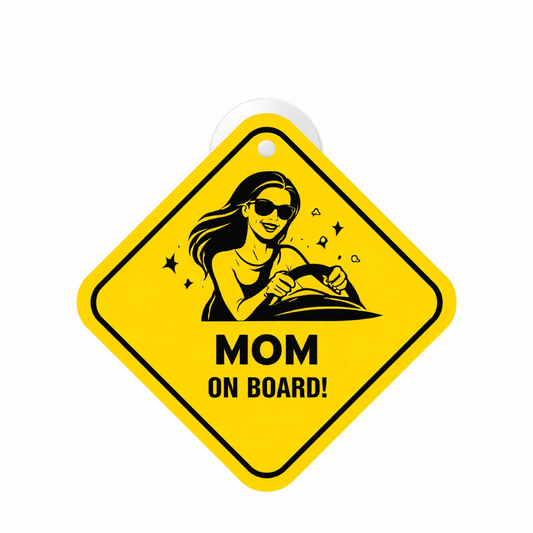 Smeeps Mom On Board Hanging Sign – 20.32 × 20.32 cm (8 × 8 Inch) Stylish Mom Driver Waterproof Car Hanging Board with Suction Cup | Family Safety Vehicle Warning Sign