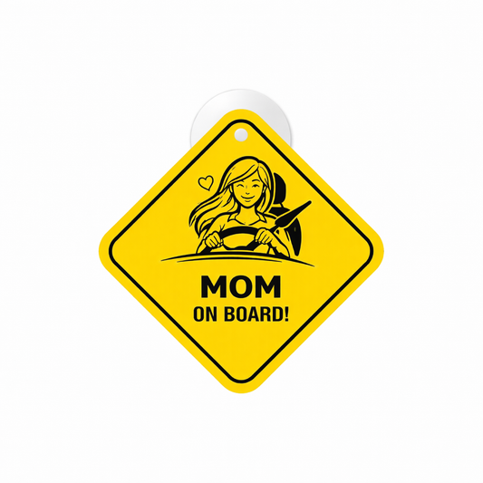 Smeeps Mom On Board Hanging Sign – 20.32 × 20.32 cm (8 × 8 Inch) Waterproof Car Hanging Board with Suction Cup | Cute Mom Driver Safety Sign