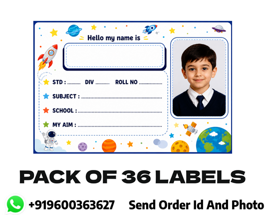 Custom Photo Space Theme School Name Labels – 7.62 × 5.08 cm (3 × 2 Inch) Personalized Waterproof Kids Notebook Stickers for School Books, Water Bottles & Accessories | Rocket & Galaxy Design Pack of 36