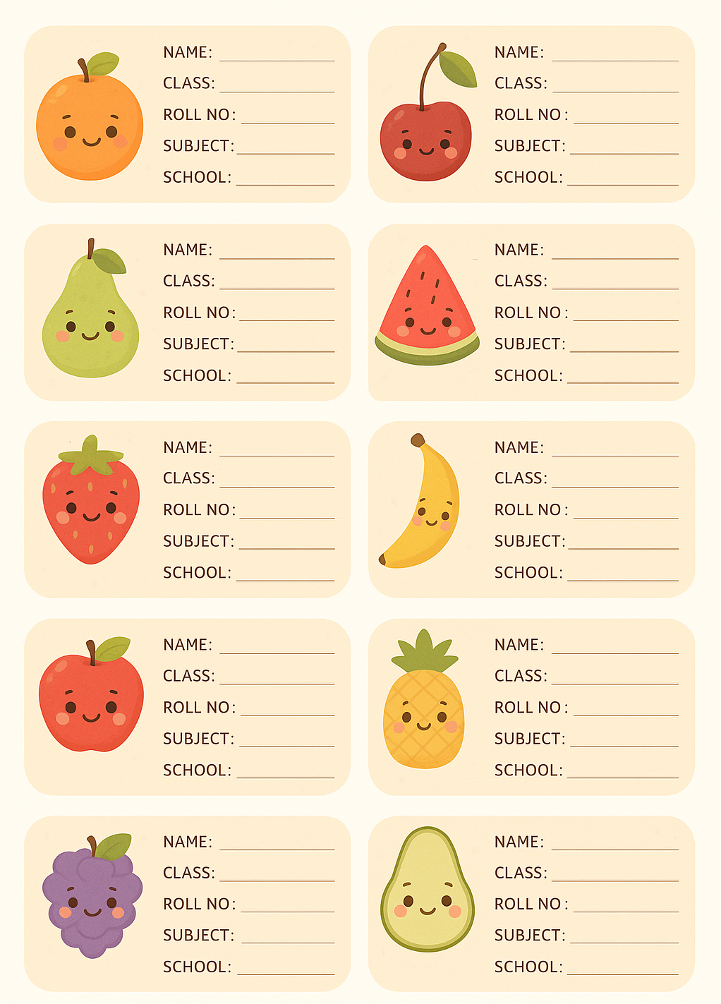 Smeeps Fruit Theme School Book Labels – Cute Cartoon Name Stickers for Kids | 3.5 x 2 Inch Notebook Labels | Pack of 10