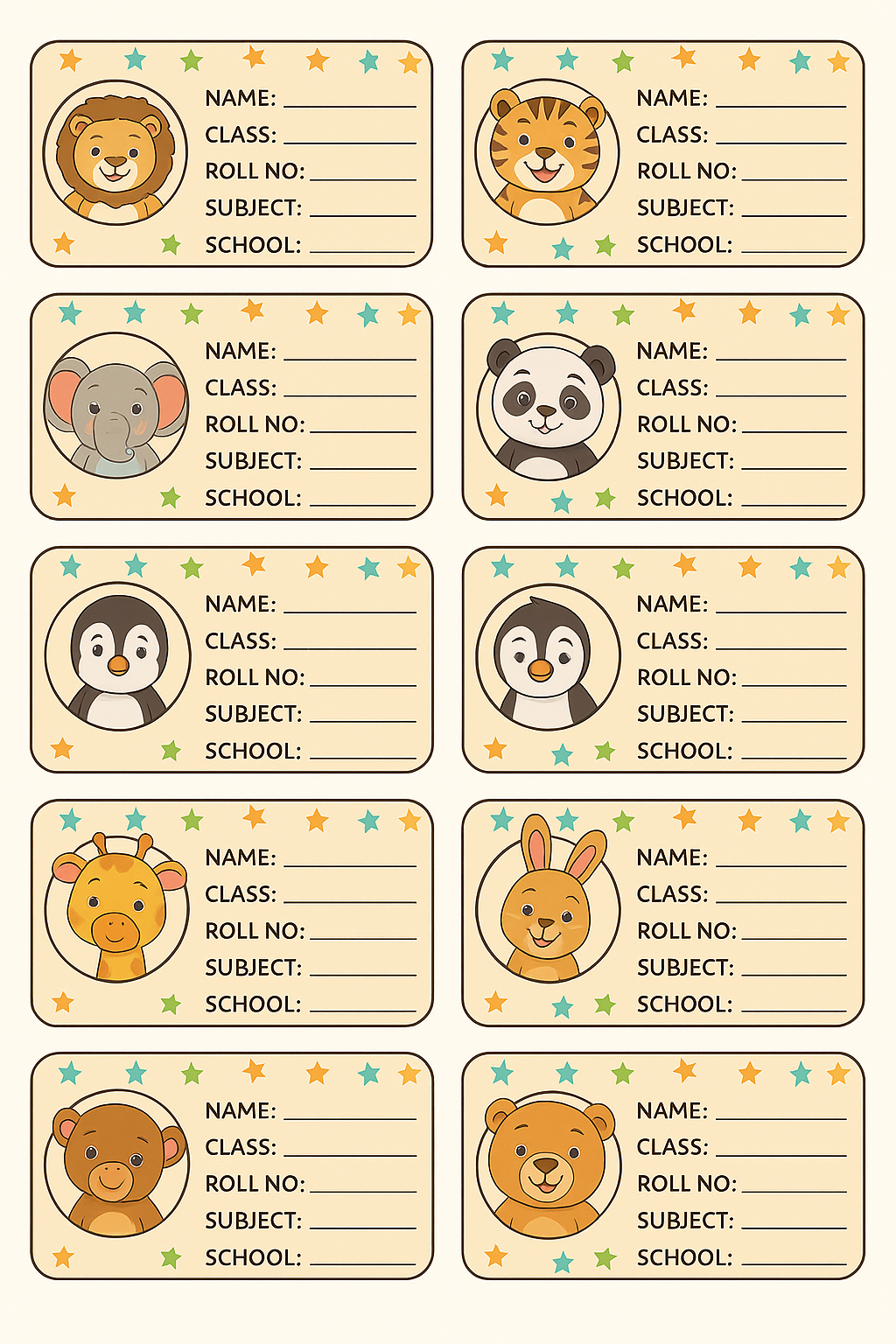 Smeeps Animal Theme School Book Labels – Cute Cartoon Name Stickers for Kids | 3.5 x 2 Inch Notebook Labels | Pack of 10