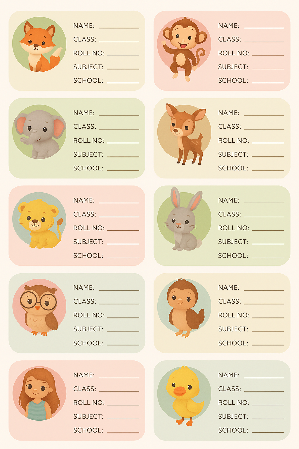 Smeeps Cute Animal School Book Labels – Writable Name Stickers for Kids | 3.5 x 2 Inch Notebook Labels | Pack of 10