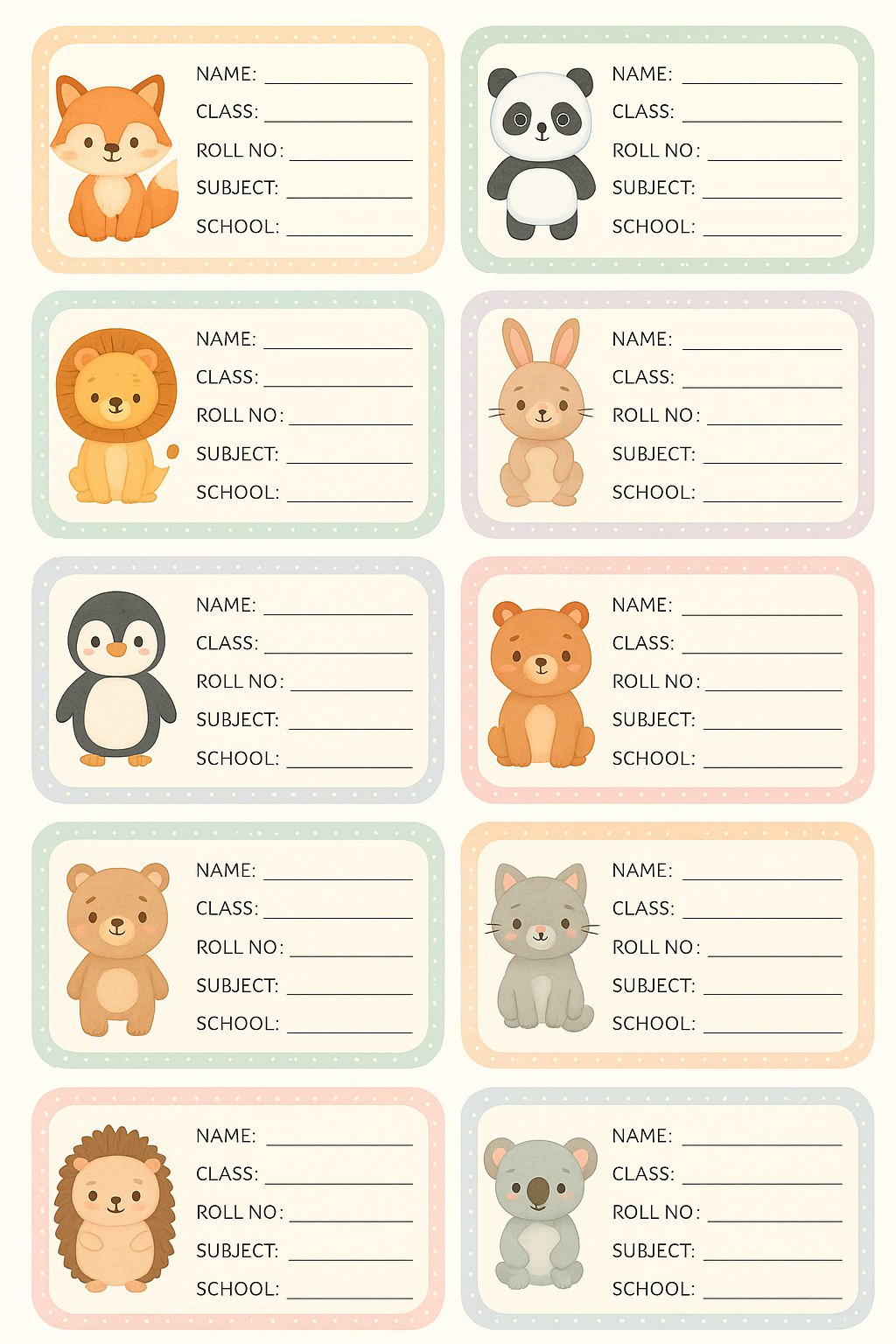 Smeeps Cute Pastel Animal School Book Labels – Writable Name Stickers for Kids | 3.5 x 2 Inch Notebook Labels | Pack of 10