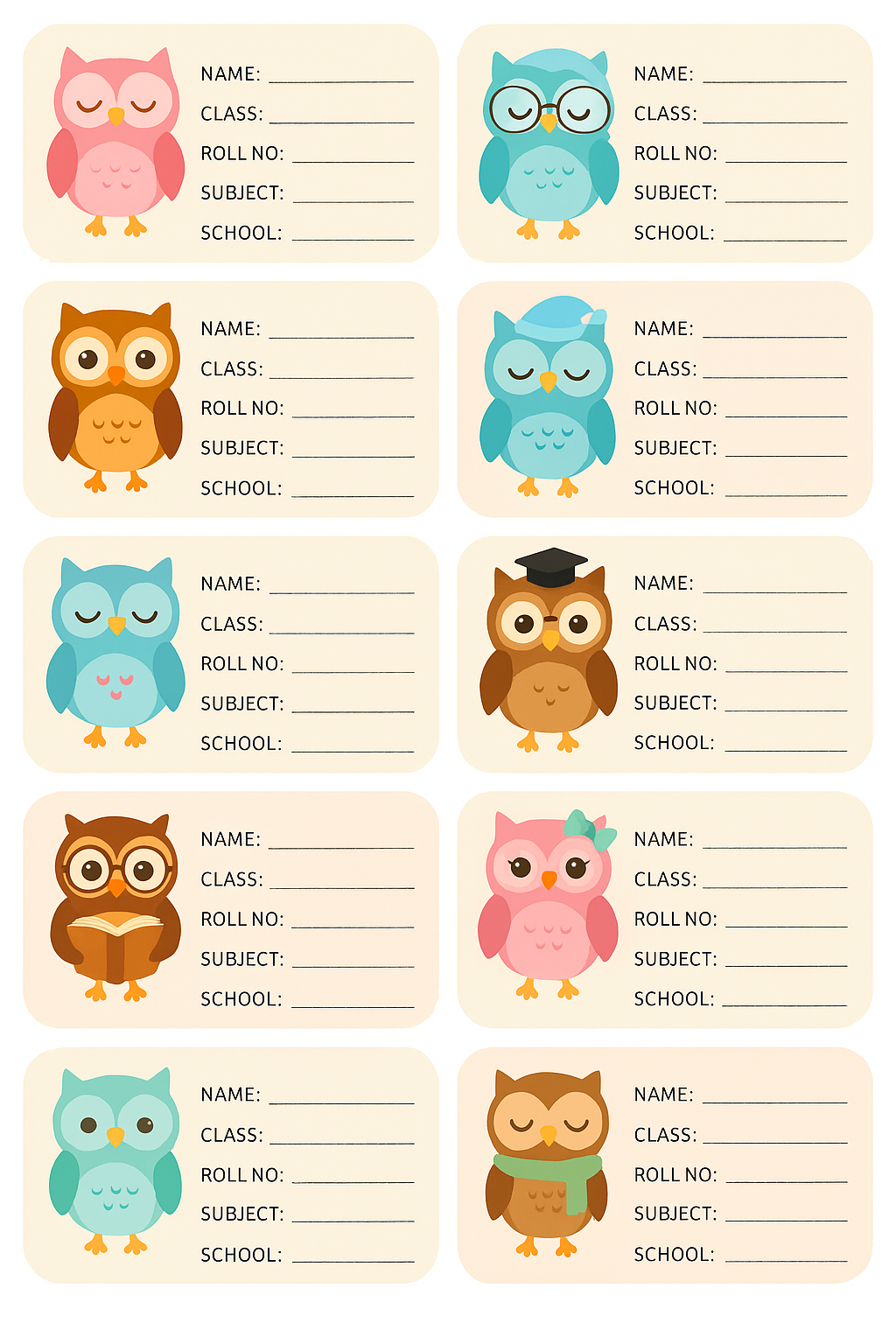 Smeeps Cute Owl School Book Labels – Writable Name Stickers for Kids | 3.5 x 2 Inch Notebook Labels | Pack of 10