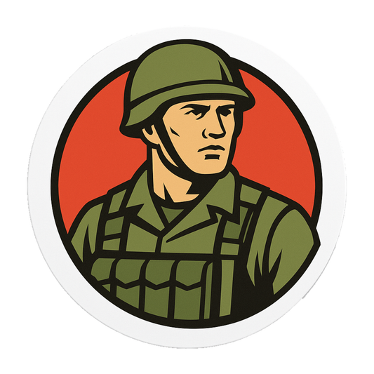 Military Man Circle Sticker – 13.97 x 13.97 cm | Bold Soldier Design for Cars, Bikes | Waterproof & Durable