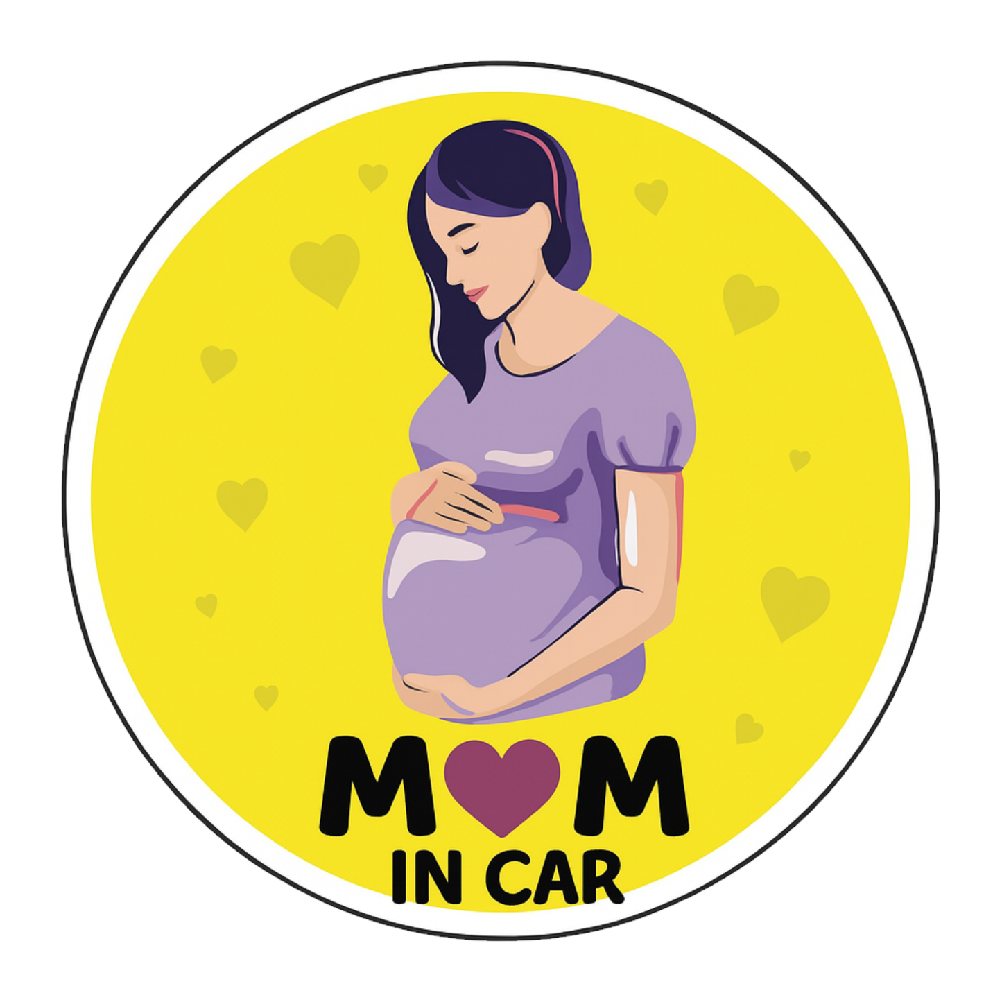 Smeeps Mom in Car Sticker – 14 x 14 cm Round Yellow Design with Gentle Pregnant Woman Illustration | Waterproof & Fade Resistant Safety Decal for Cars