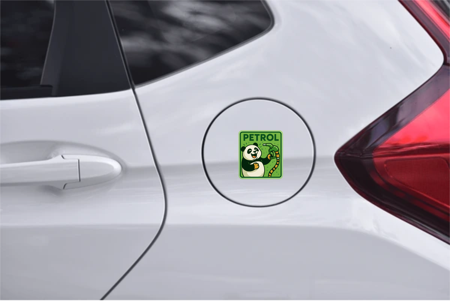 Smeeps Happy Petrol Panda Sticker – 8.2 x 7.8 cm Cute Green Fuel-Themed Car Decal with Cartoon Panda & Nozzle | Waterproof Vinyl for Petrol Vehicles Only