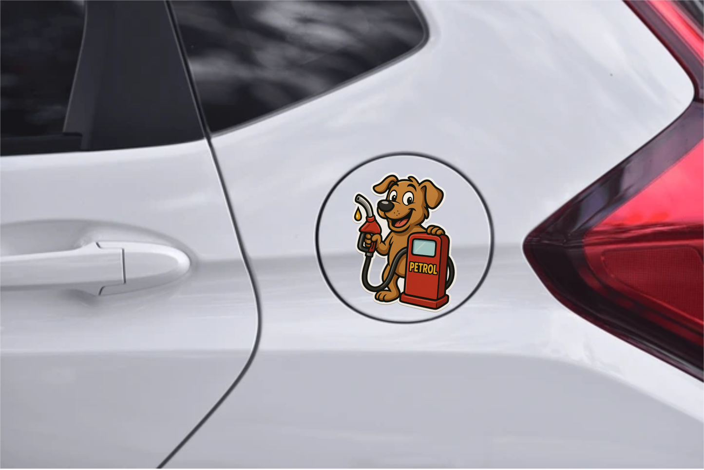 Petrol Sticker with Dog & Pump – 9 x 11.5 cm | Fun Design for Cars | Durable & Waterproof