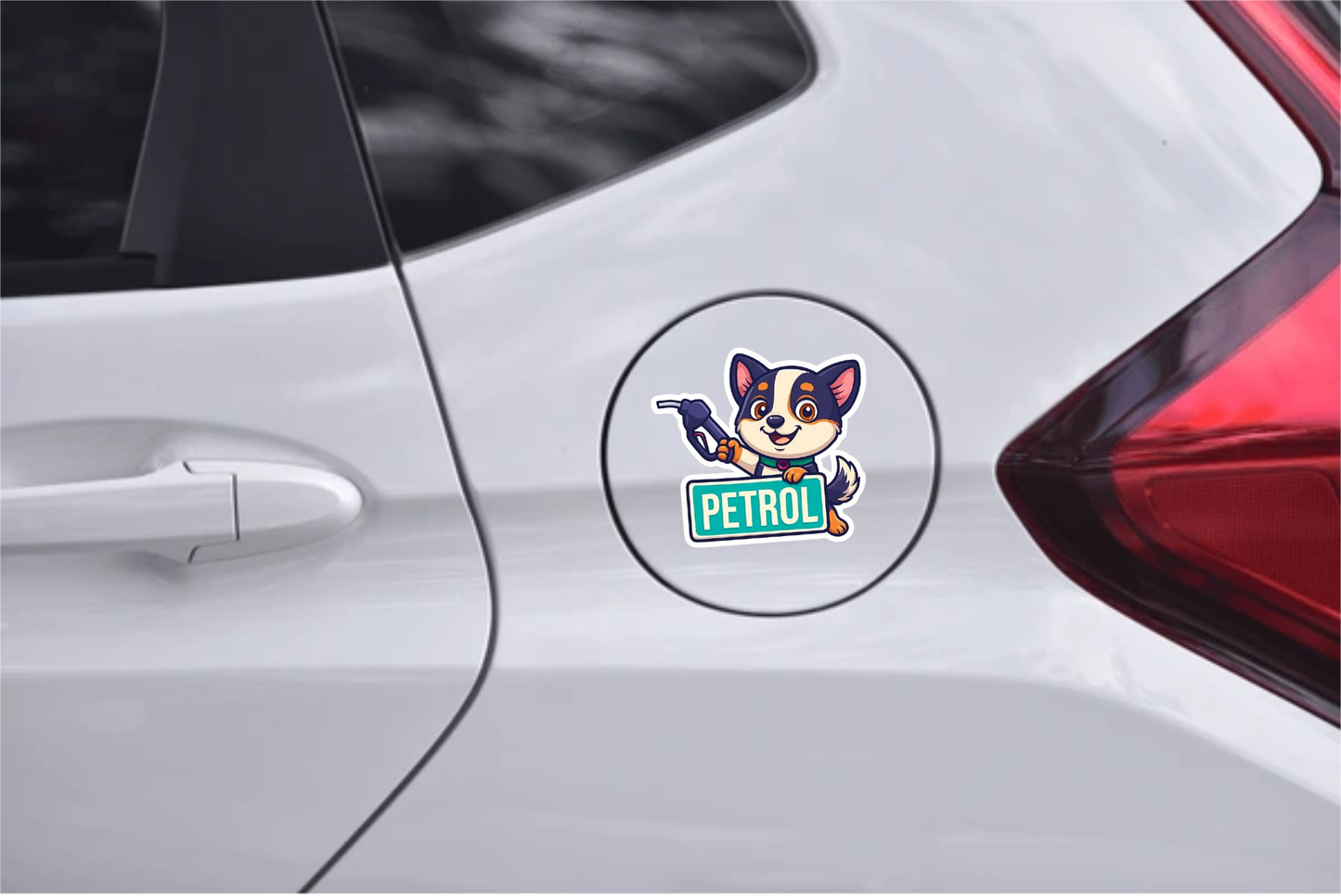 Smeeps Petrol Fuel Cap Sticker – 8.89 x 7.62 cm | Cute Dog with Green Petrol Label | For Car Fuel Lid Area