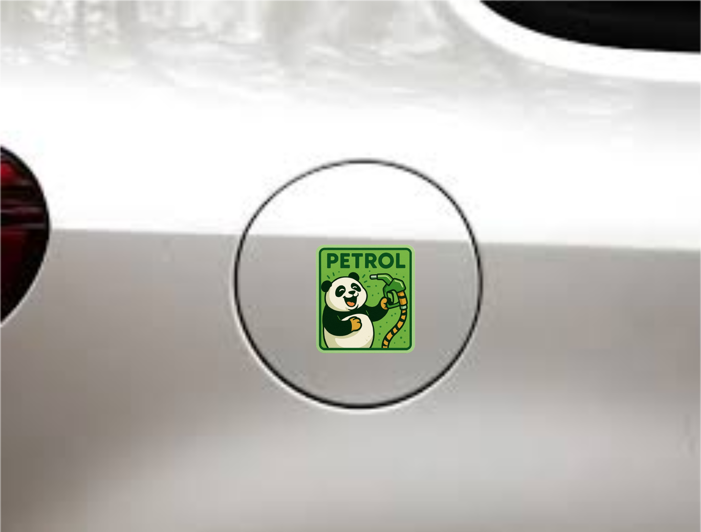 Smeeps Happy Petrol Panda Sticker – 8.2 x 7.8 cm Cute Green Fuel-Themed Car Decal with Cartoon Panda & Nozzle | Waterproof Vinyl for Petrol Vehicles Only